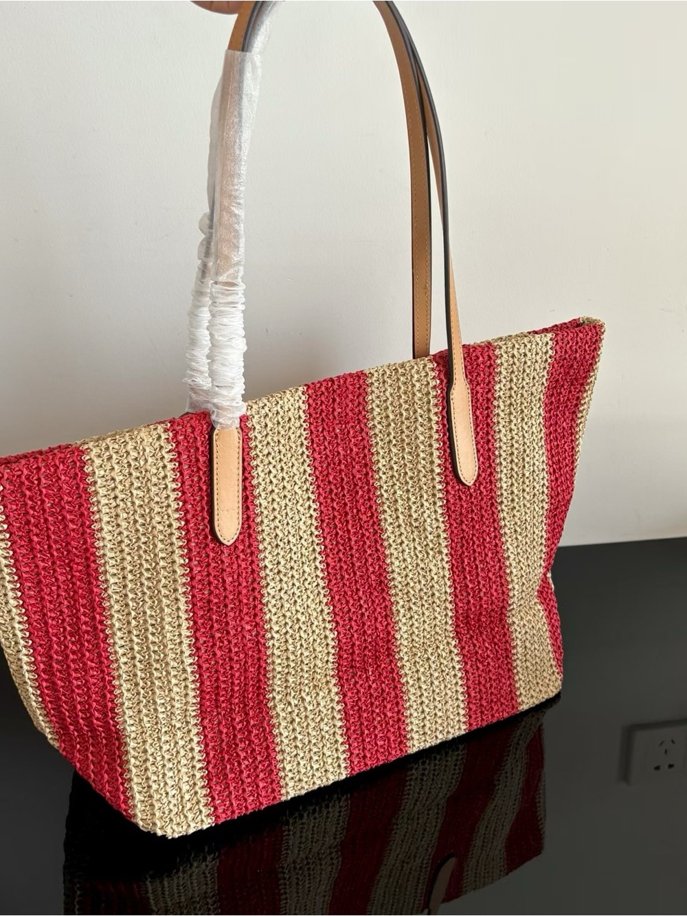 Coach Red and Natural Striped Straw Tote with Leather Handles - Picture 4 of 8